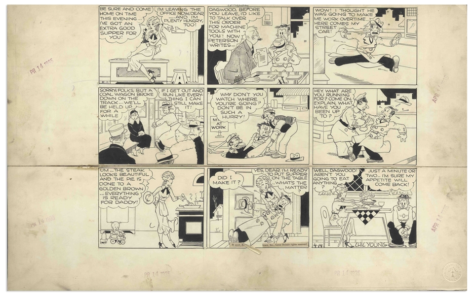 Chic Young Hand-Drawn ''Blondie'' Sunday Comic Strip From 1935 -- Poor Dagwood Can't Catch a Break